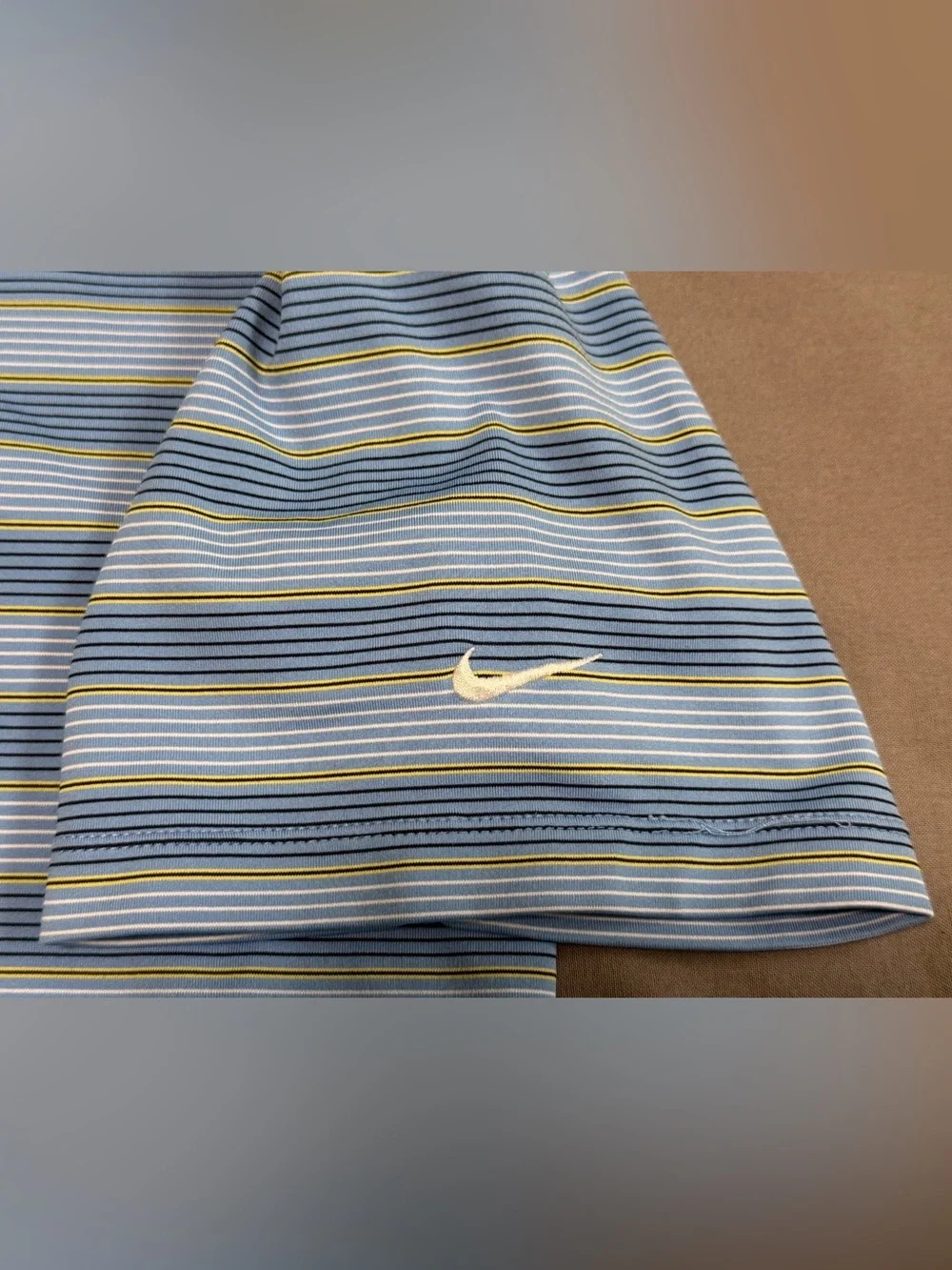 Classic Nike Golf DRI FIT UV Short Sleeve Polo Shirt Blue Striped Mens Size L